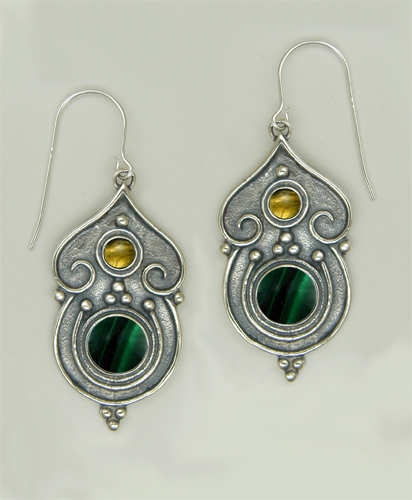 Sterling Silver Gothic Inspired Drop Dangle Earrings With Malachite And Citrine